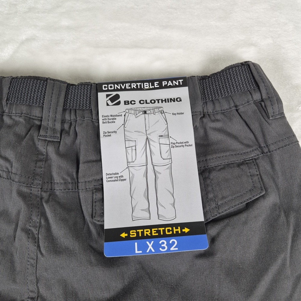 BC Clothing Convertible Cargo Pants Men's Large 32" Inseam Gray Hike Outdoor NWT - Picture 8 of 9